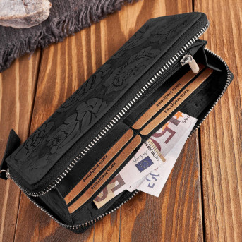 Portfel damski skórzany czarny w kwiaty RFID T-115-HBL