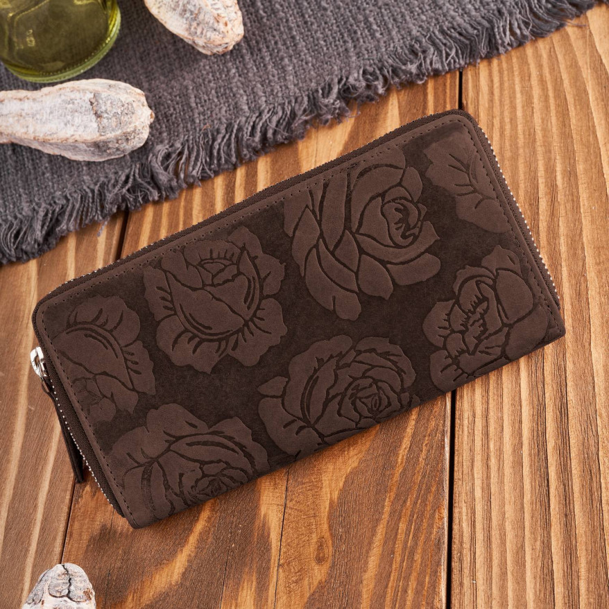 Portfel damski skórzany brązowy w kwiaty RFID T-115-HBR