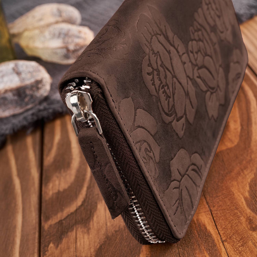 Portfel damski skórzany brązowy w kwiaty RFID T-115-HBR