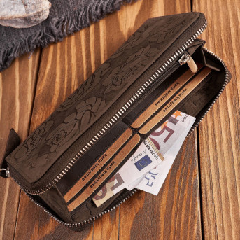 Portfel damski skórzany brązowy w kwiaty RFID T-115-HBR