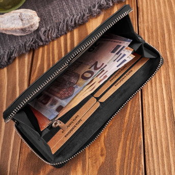 Portfel damski skórzany czarny vintage w geometryczny wzór RFID T-116-HBL