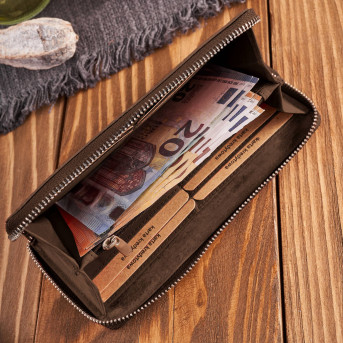 Portfel damski skórzany brązowy w geometryczny wzór vintage RFID T-116-HBR