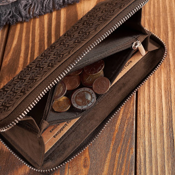 Portfel damski skórzany brązowy w geometryczny wzór vintage RFID T-116-HBR