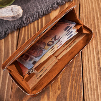 Portfel damski skórzany pomarańczowy w geometryczny wzór RFID T-116-HOR