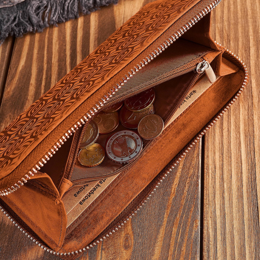 Portfel damski skórzany pomarańczowy w geometryczny wzór RFID T-116-HOR