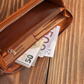 Portfel damski skórzany pomarańczowy w geometryczny wzór RFID T-116-HOR