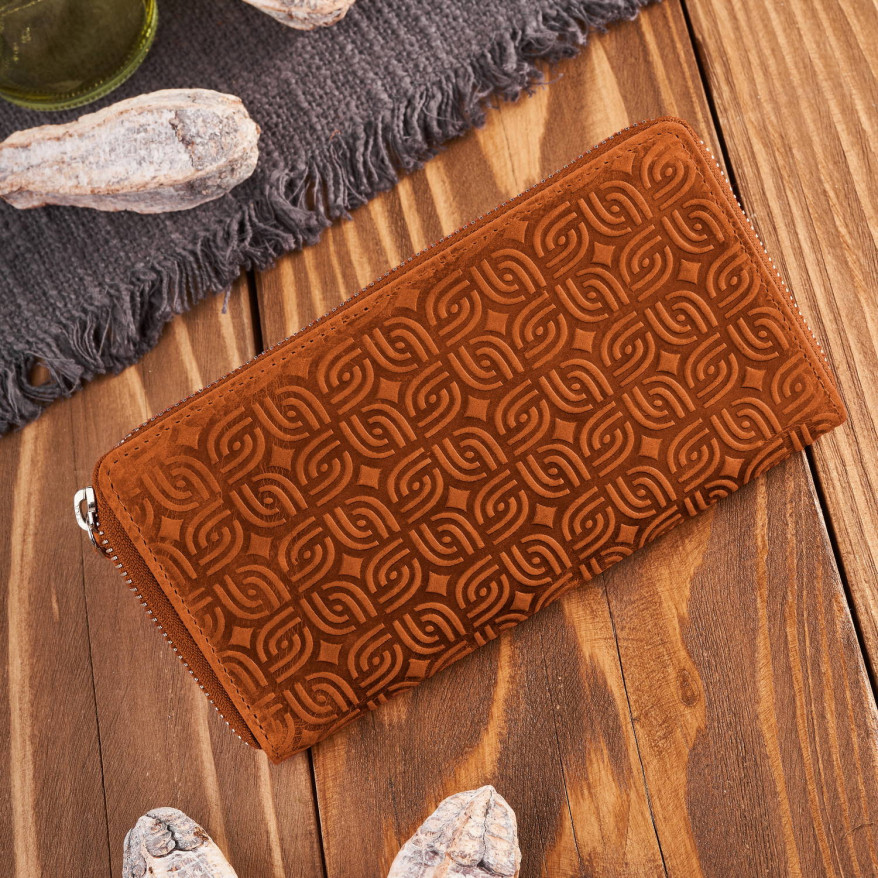 Portfel damski skórzany pomarańczowy w geometryczny wzór RFID T-116-HOR