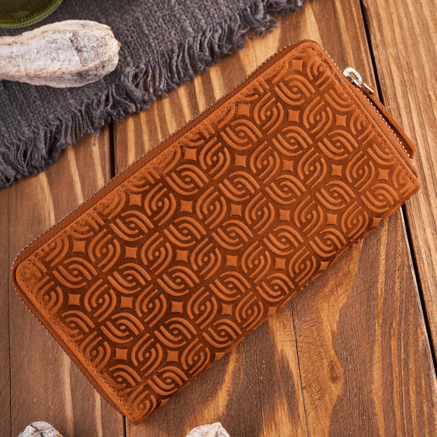 Portfel damski skórzany pomarańczowy w geometryczny wzór RFID T-116-HOR