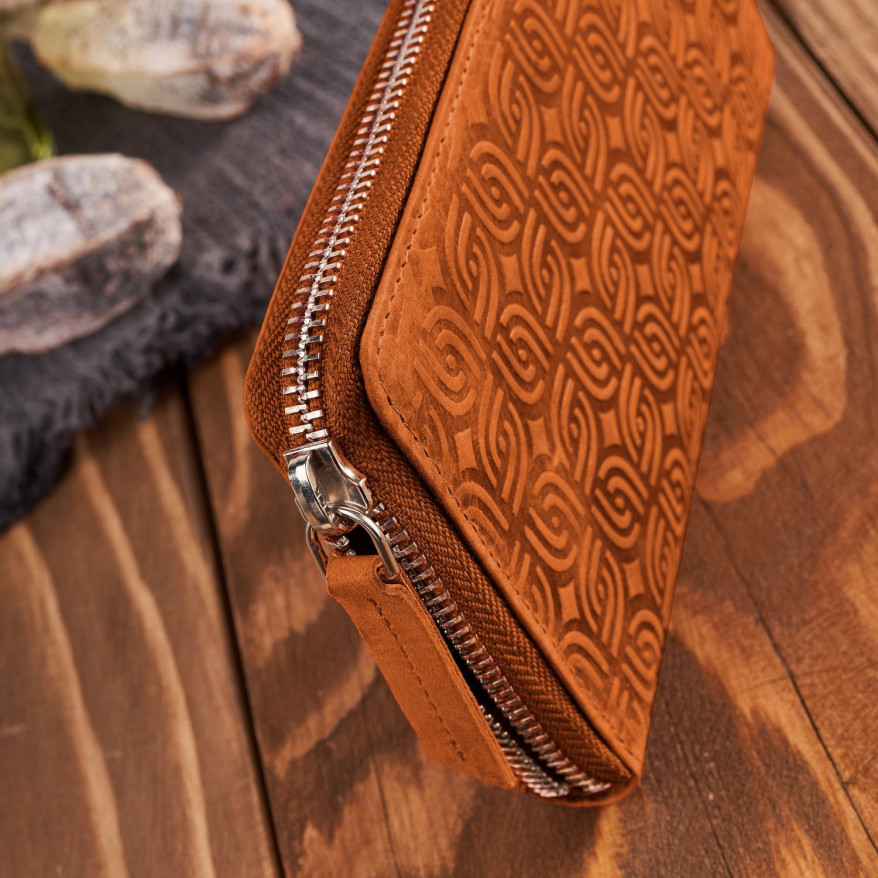 Portfel damski skórzany pomarańczowy w geometryczny wzór RFID T-116-HOR