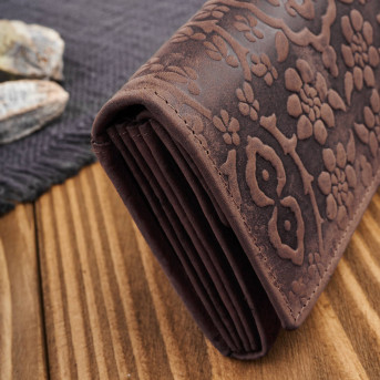 Portfel damski skórzany w kwiaty vintage duży brązowy RFID pojemny T-111-HBR