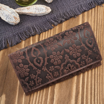 Portfel damski skórzany w kwiaty vintage duży brązowy RFID pojemny T-111-HBR