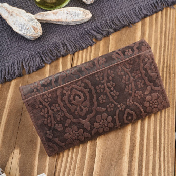 Portfel damski skórzany w kwiaty vintage duży brązowy RFID pojemny T-111-HBR