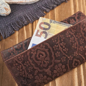 Portfel damski skórzany w kwiaty vintage duży brązowy RFID pojemny T-111-HBR