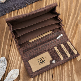 Portfel damski skórzany w kwiaty vintage duży brązowy RFID pojemny T-111-HBR