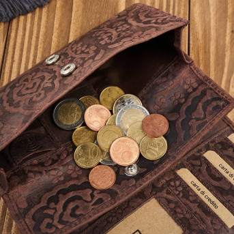 Portfel damski skórzany w kwiaty vintage duży brązowy RFID pojemny T-111-HBR