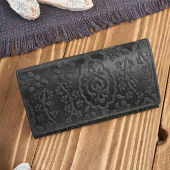 Portfel damski skórzany w kwiaty vintage duży czarny RFID pojemny T-111-HBL