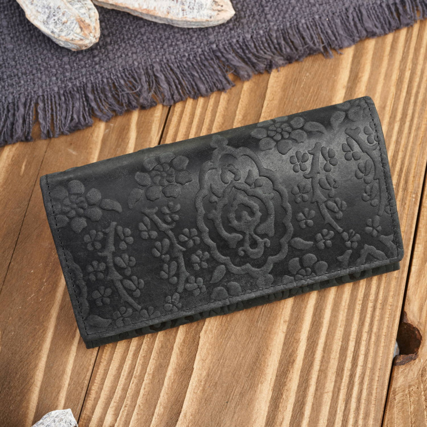 Portfel damski skórzany w kwiaty vintage duży czarny RFID pojemny T-111-HBL