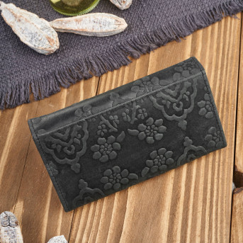 Portfel damski skórzany w kwiaty vintage duży czarny RFID pojemny T-111-HBL