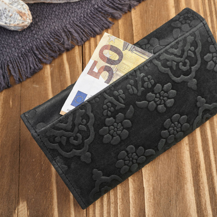 Portfel damski skórzany w kwiaty vintage duży czarny RFID pojemny T-111-HBL