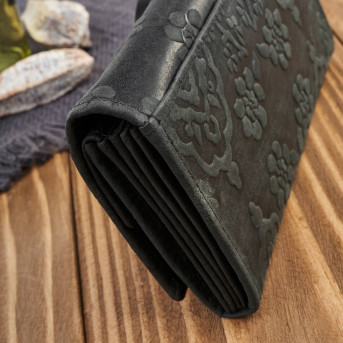 Portfel damski skórzany w kwiaty vintage duży czarny RFID pojemny T-111-HBL