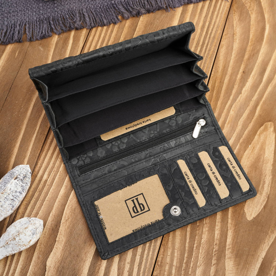 Portfel damski skórzany w kwiaty vintage duży czarny RFID pojemny T-111-HBL