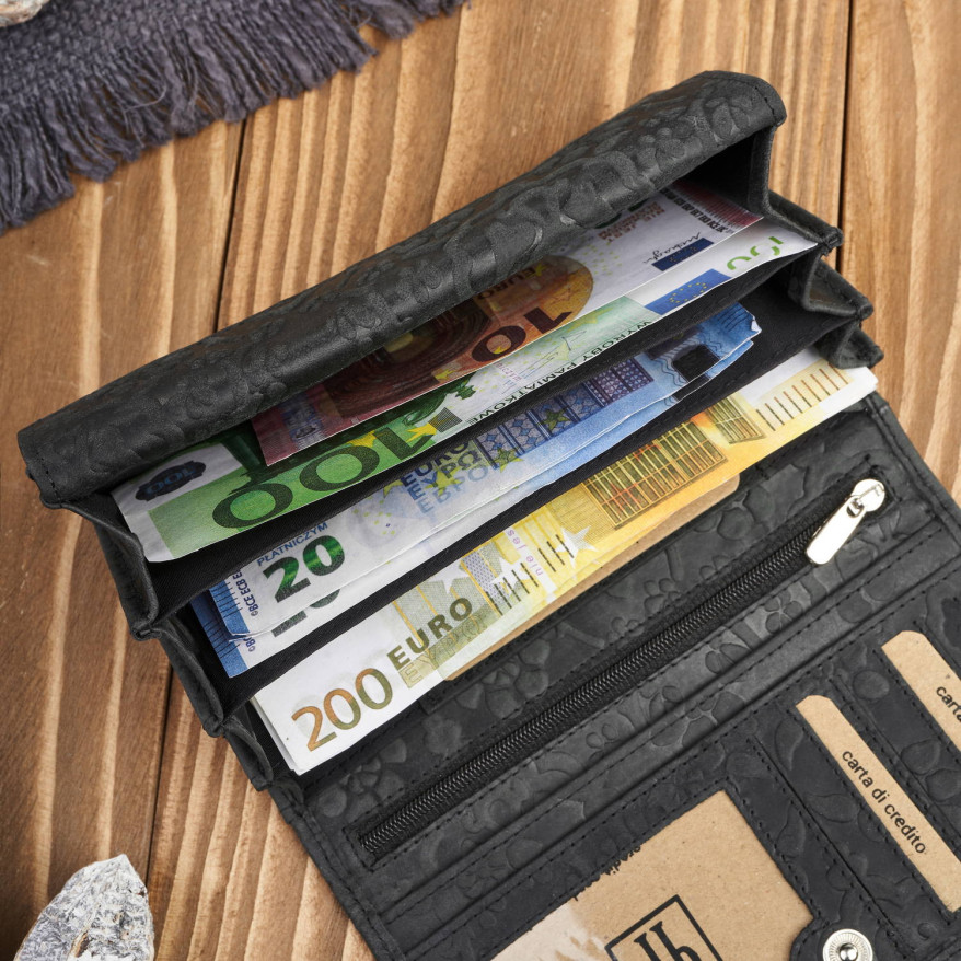 Portfel damski skórzany w kwiaty vintage duży czarny RFID pojemny T-111-HBL