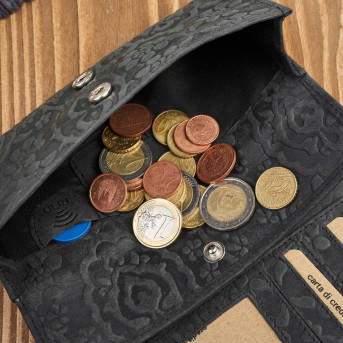 Portfel damski skórzany w kwiaty vintage duży czarny RFID pojemny T-111-HBL