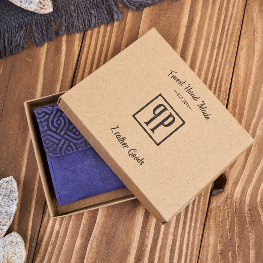 Portfel damski skórzany vintage mały granatowy z ochroną RFID różowy w geometryczny wzór  T-114-HDB