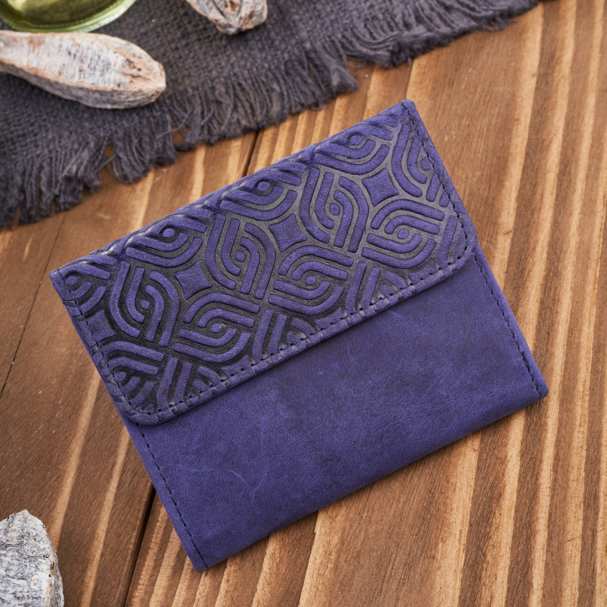 Portfel damski skórzany vintage mały granatowy z ochroną RFID różowy w geometryczny wzór  T-114-HDB