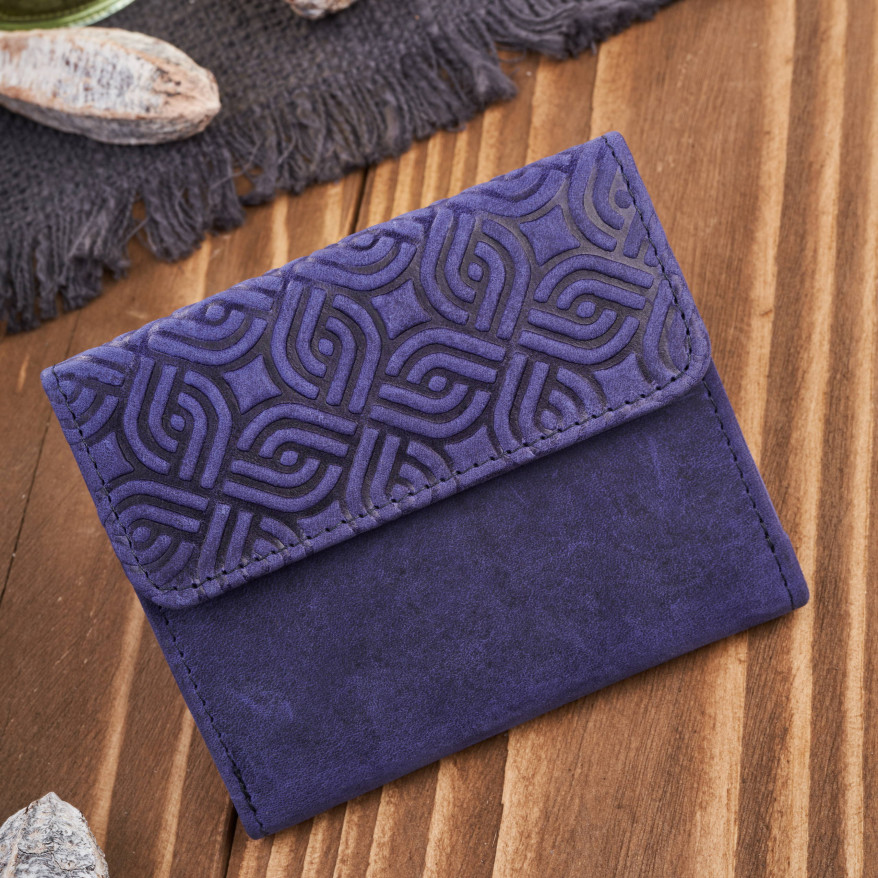 Portfel damski skórzany vintage mały granatowy z ochroną RFID różowy w geometryczny wzór  T-114-HDB