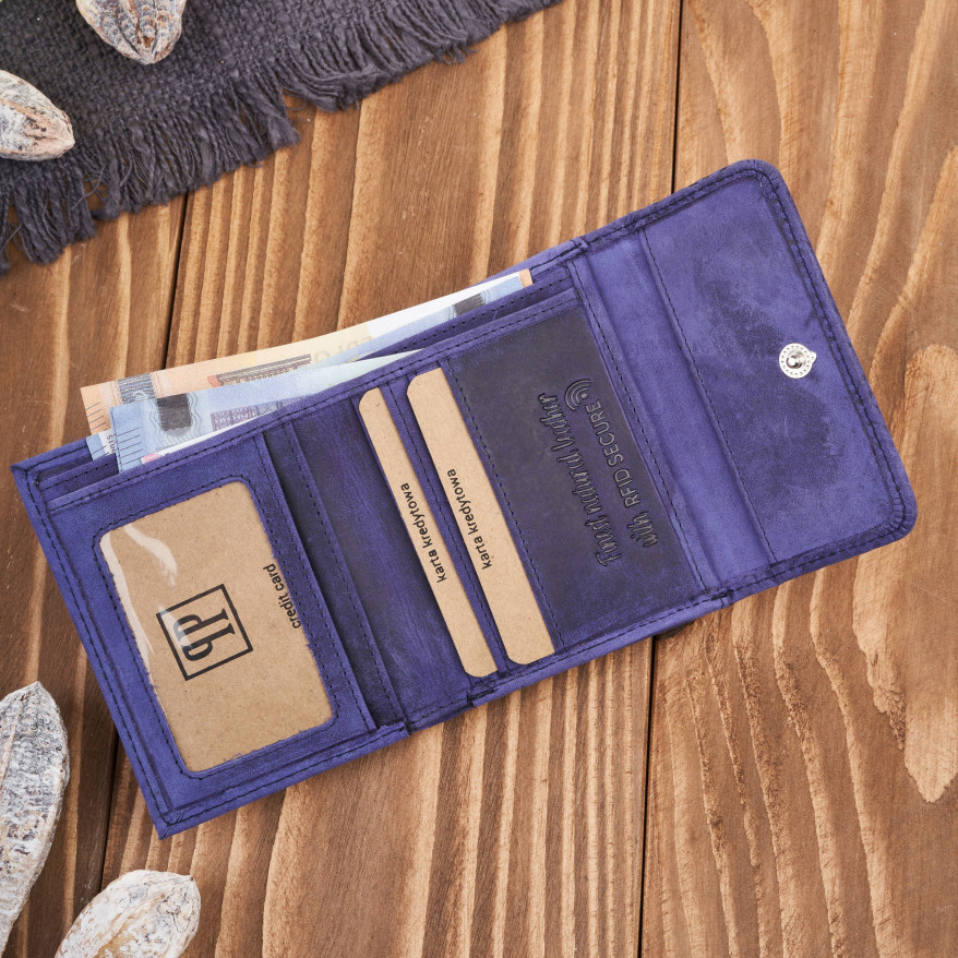 Portfel damski skórzany vintage mały granatowy z ochroną RFID różowy w geometryczny wzór  T-114-HDB