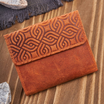 Portfel damski skórzany vintage pomarańczowy mały z RFID w oryginalny wzór geometryczny  T-114-HOR