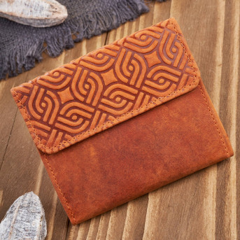Portfel damski skórzany vintage pomarańczowy mały z RFID w oryginalny wzór geometryczny  T-114-HOR