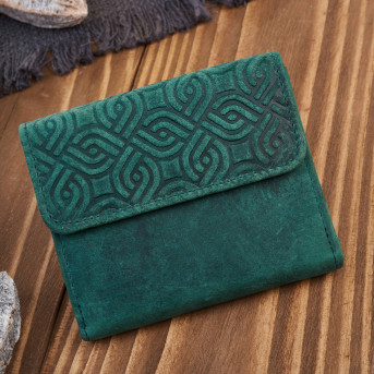 Portfel damski skórzany vintage mały ciemnozielony z RFID we wzór geometryczny T-114-HGR