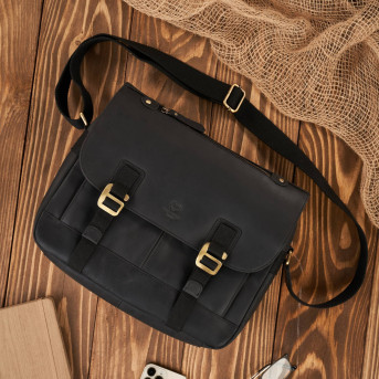 Torba męska na ramię skórzana czarna vintage na laptopa