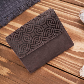 Portfel damski skórzany vintage brązowy mały z RFID w oryginalny wzór geometryczny  T-114-HBR