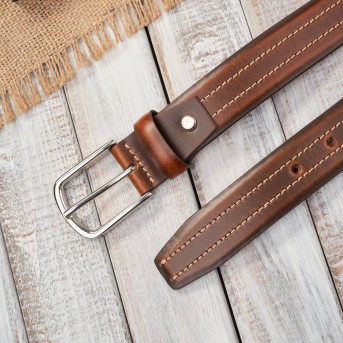 Pasek męski skórzany brązowy ze srebrną klamrą Paolo Peruzzi