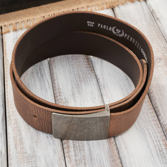 Pasek męski skórzany brązowy vintage z półautomatyczną srebrną klamrą 110 cm Paolo Peruzzi