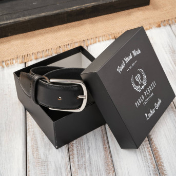 Pasek męski skórzany czarny z klasyczną srebrną klamrą