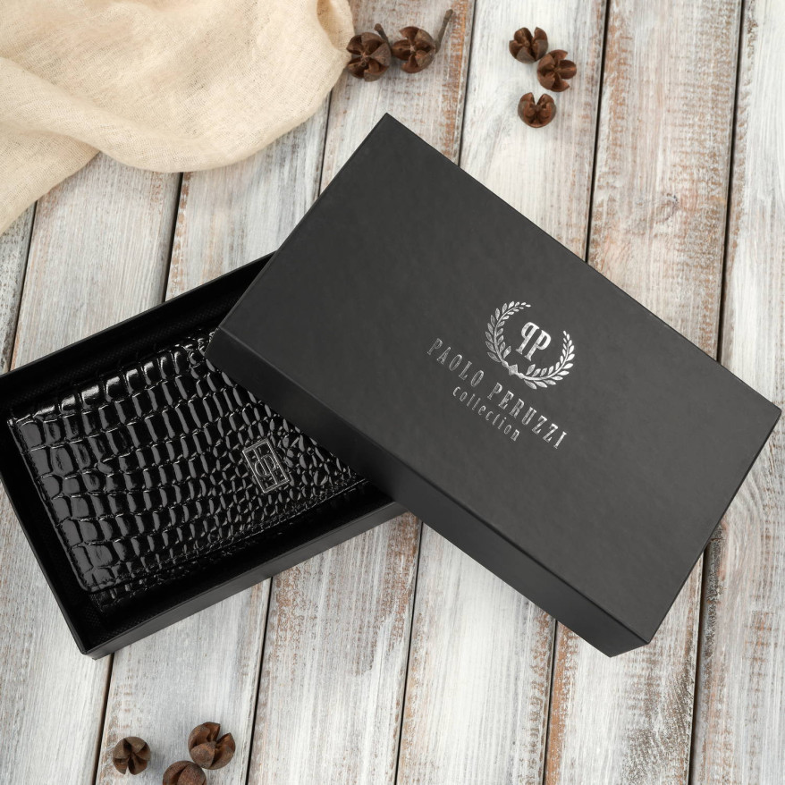 Portfel damski skórzany duży czarny croco z ochroną RFID