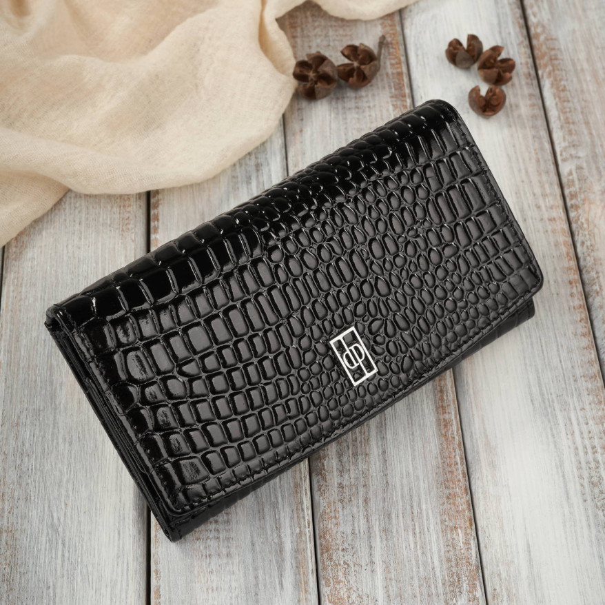 Portfel damski skórzany duży czarny croco z ochroną RFID