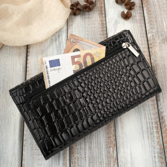 Portfel damski skórzany duży czarny croco z ochroną RFID