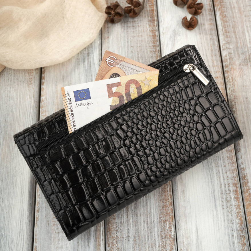 Portfel damski skórzany duży czarny croco z ochroną RFID