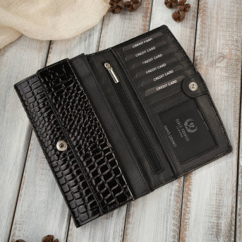 Portfel damski skórzany duży czarny croco z ochroną RFID