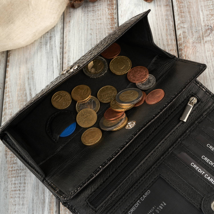 Portfel damski skórzany duży czarny croco z ochroną RFID