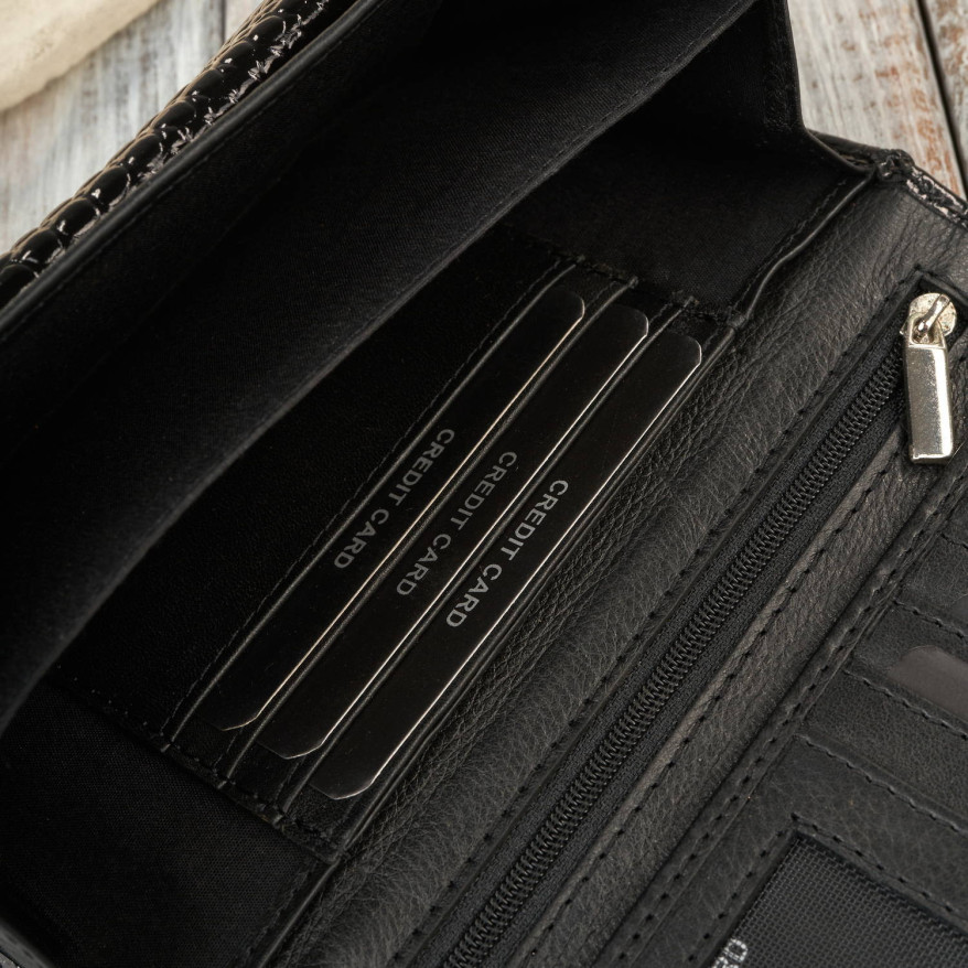 Portfel damski skórzany duży czarny croco z ochroną RFID