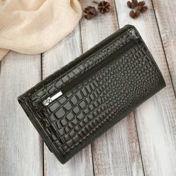 Portfel damski skórzany duży ciemnozielony croco z ochroną RFID