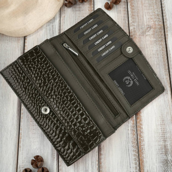 Portfel damski skórzany duży ciemnozielony croco z ochroną RFID