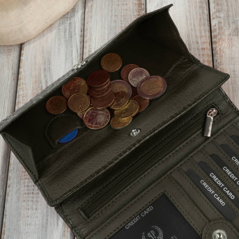 Portfel damski skórzany duży ciemnozielony croco z ochroną RFID