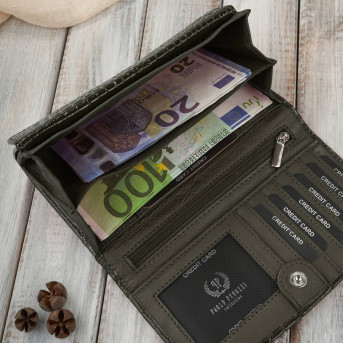 Portfel damski skórzany duży ciemnozielony croco z ochroną RFID